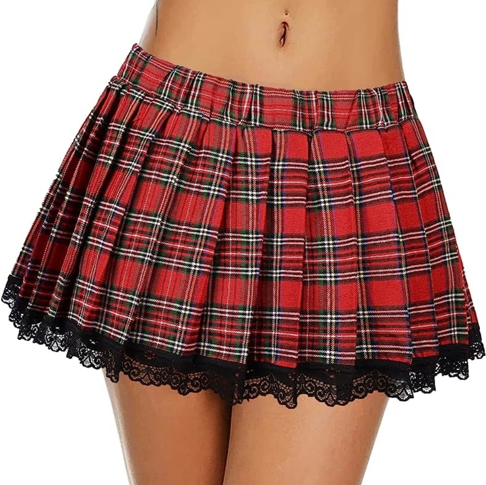 AvidLove Red Plaid Mini Skirt with Lace Trim